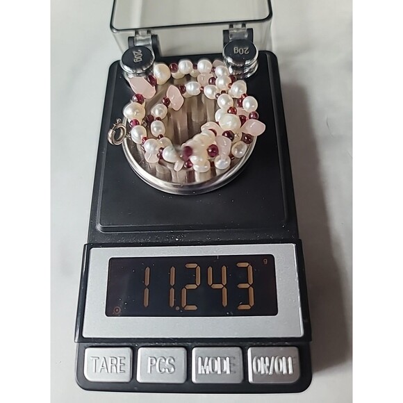 925 Sterling Silver Rose Quartz Garnet & Pearl Beaded Necklace Vintage - Picture 7 of 10